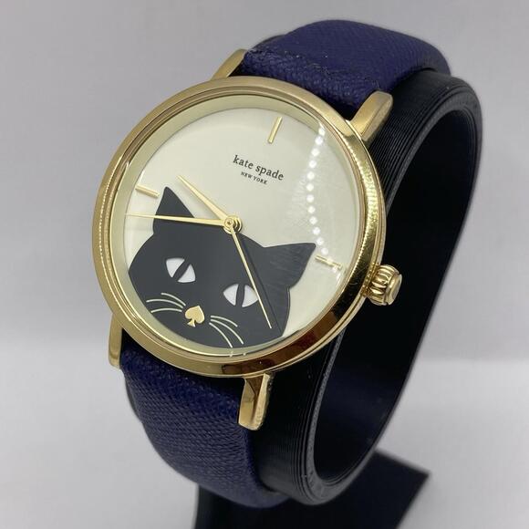 Kate Spade New York Novelty Peeking Cat Metro Watch 34mm Blue Band New Battery